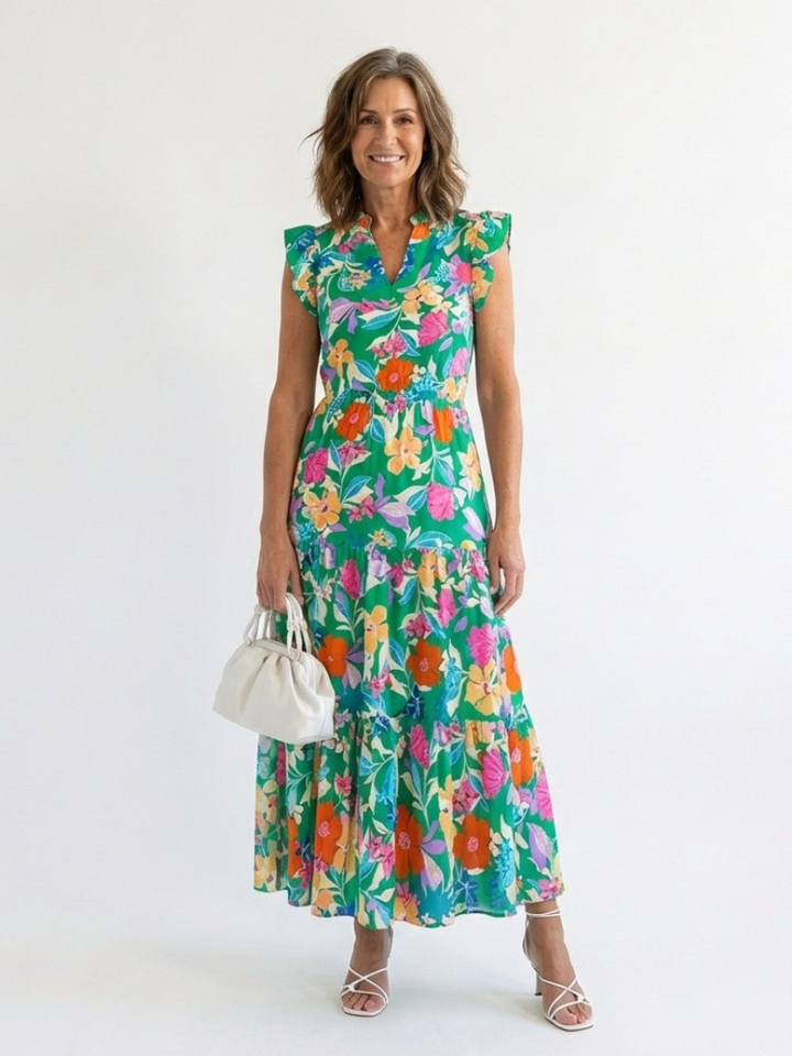 Élina | Robe Maxi Fleurie Volants Tropicaux