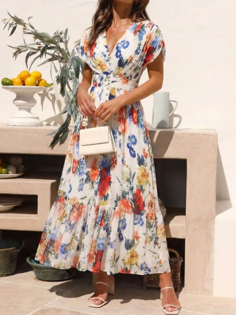 Élodie | Robe Maxi Fleurie Plissée Élégante