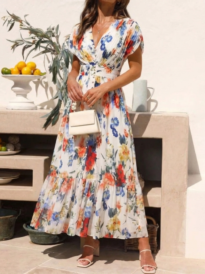 Élodie | Robe Maxi Fleurie Plissée Élégante