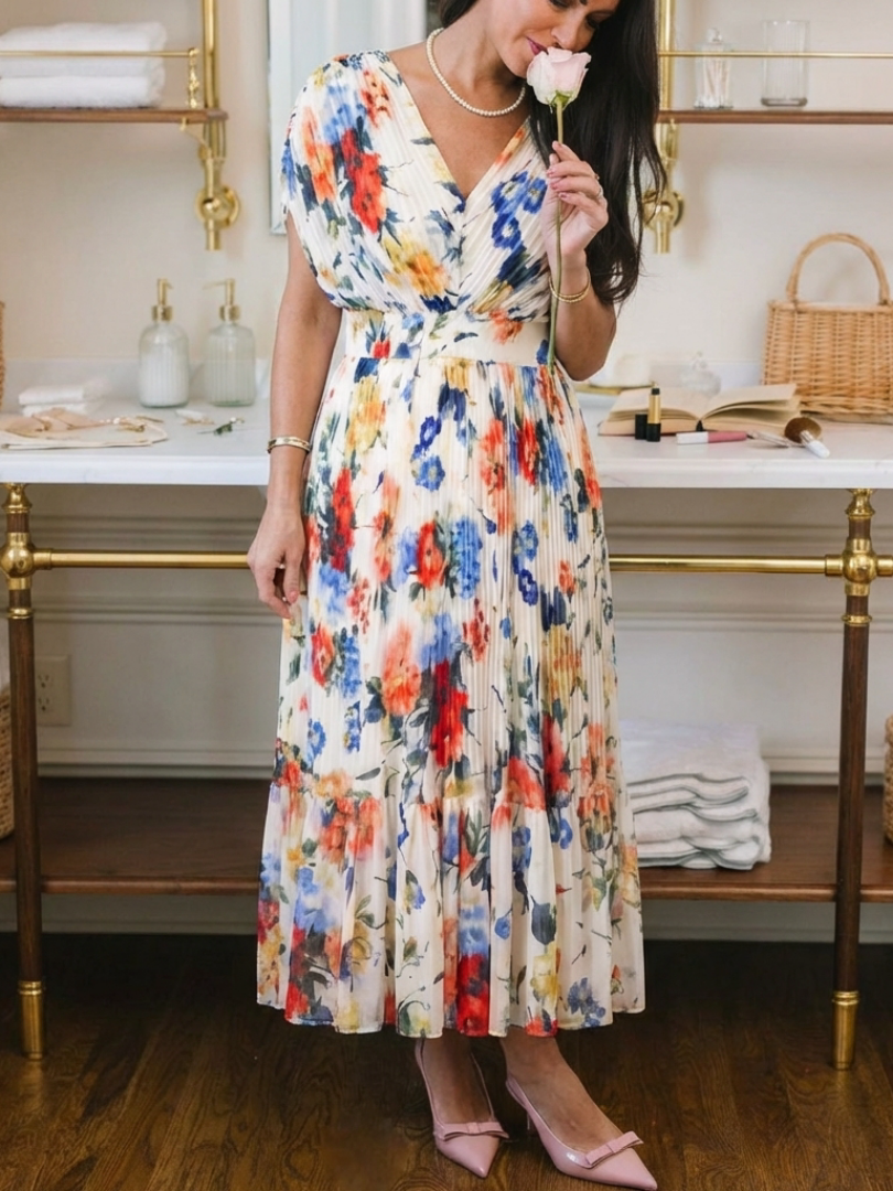 Élodie | Robe Maxi Fleurie Plissée Élégante