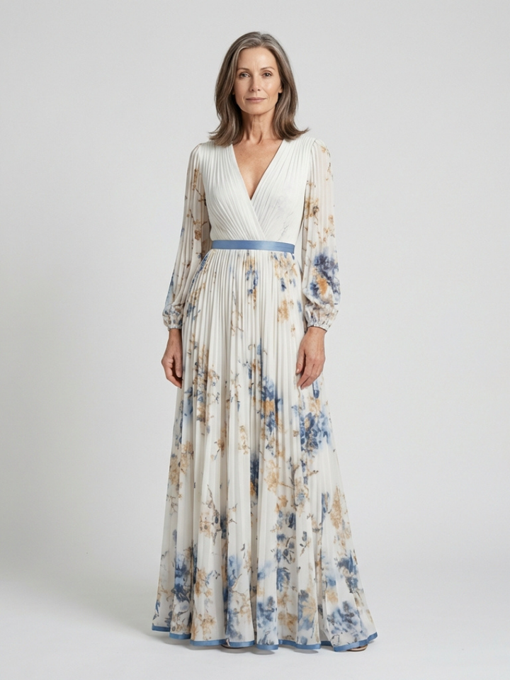 Aurélia | Robe Maxi Fleurie Plissée Élégance Douce