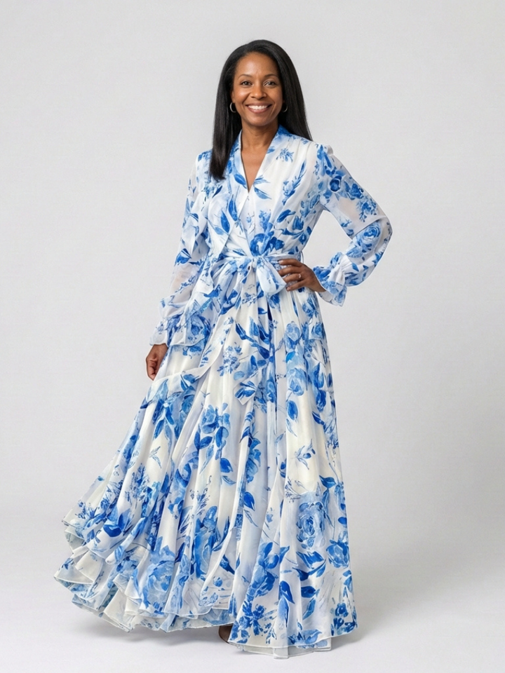 Valentine | Robe Maxi Fleurie Portefeuille Élégance