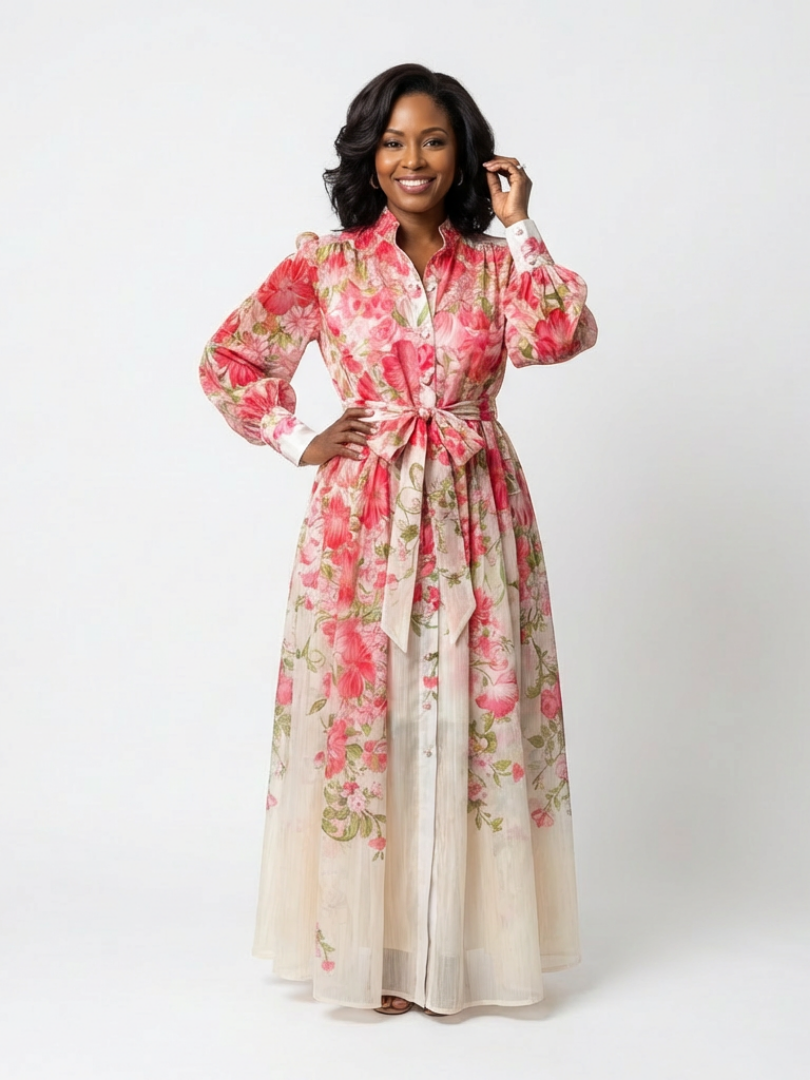 Solène | Robe Maxi Fleurie Boutonnée Élégance Printanière